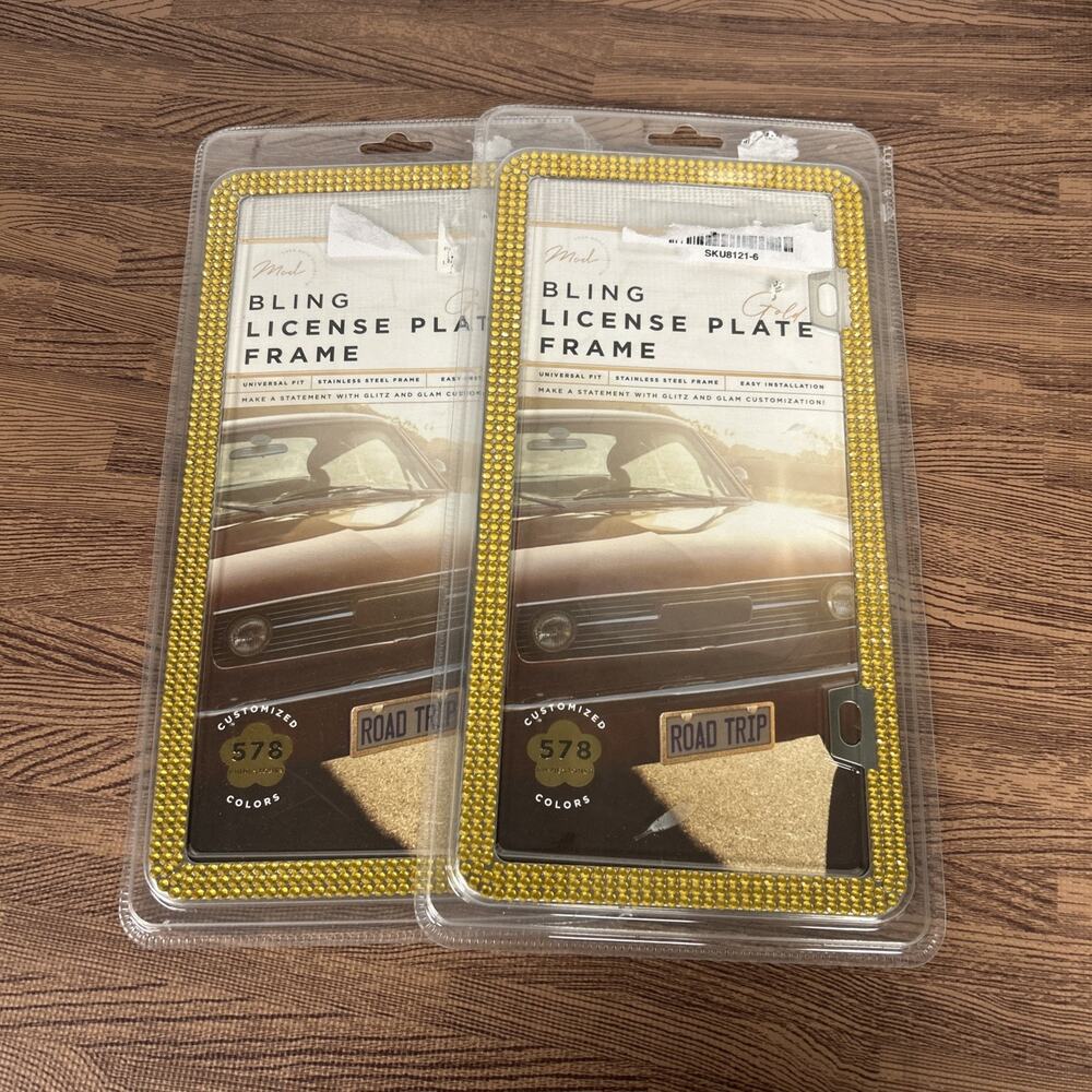 Set Of 2 License Plate Frames Gold Rhinestone Bling Universal Fit NIP